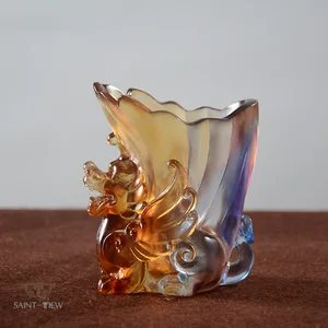 Colored Crystal Liuli Pixiu Fengshui Desktop Pencil Vase Penholder Bank Gift