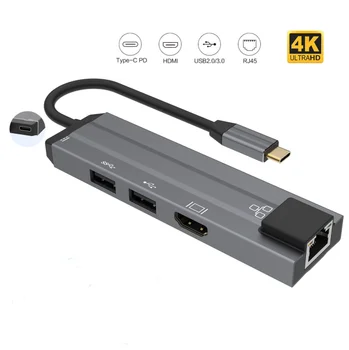 Type C Hub 5 in 1 Type C to RJ45 Ethernet Adapter 4K USB C Computer Hub with PD Charging for Macbook and Windows Laptops