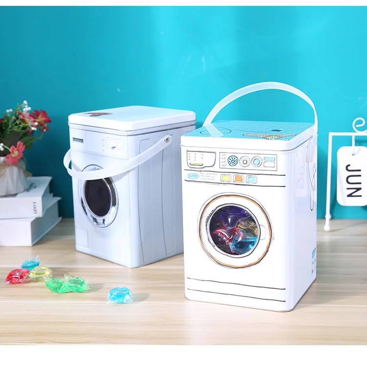 Custom Washing Machine Shape Laundry Powder Laundry Detergent Storage Tin Box with Plastic Handle and Body Window