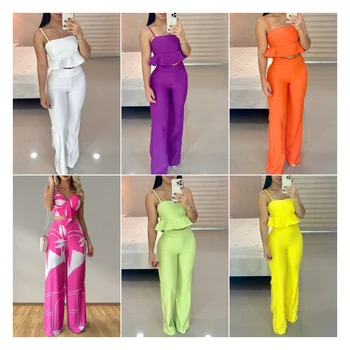 Latest Design Two Piece Set Women Clothing Spaghetti Strap Ruffle Top High Waist Straight Pants Summer Outfits For Women