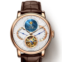 Lobinni 16015 Men's Brown Leather Skeleton Watch - Automatic
