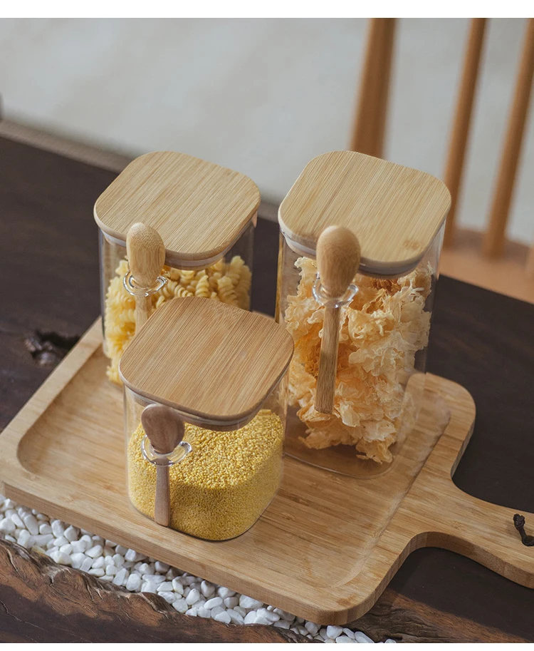 1000ml 1200ml 1500ml Square Shape Glass Spice Food Storage Container Jar with Bamboo Lid and Wooden Spoon for Food Storage