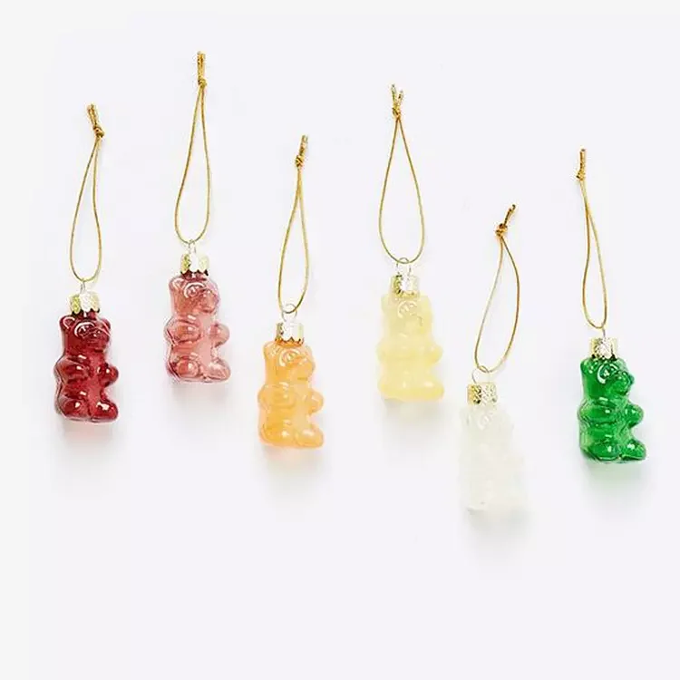 Custom mini shiny glass jelly gummy bear hanging ornaments sets christmas tree decoration ideas baubles gifts ornament wholesale manufacture