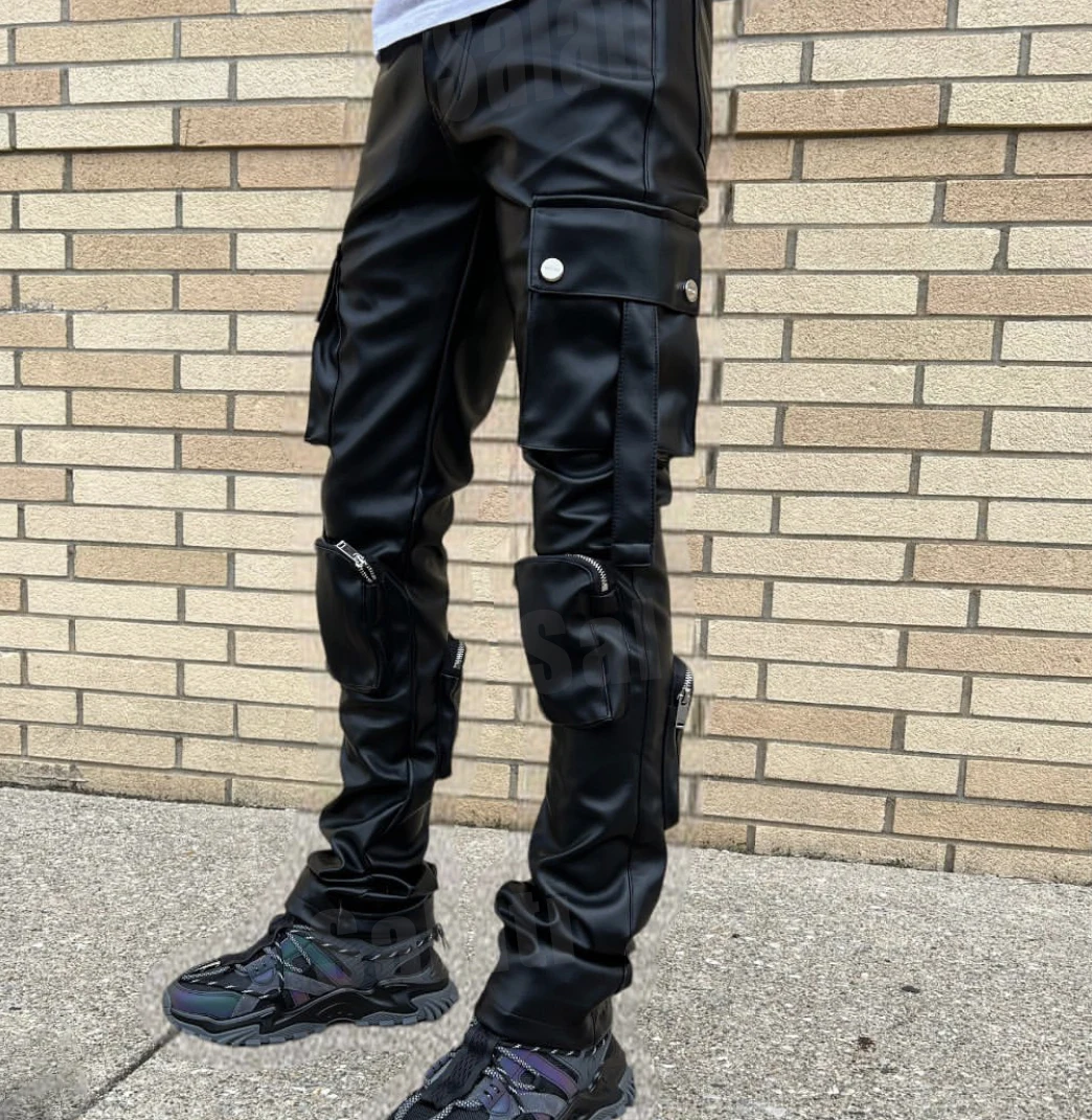 Custom Flared Relaxed Fit Baggy Pants Black Motorcycle Pu Trousers Multi Pockets Streetwear Stacked Cargo Faux Leather Pants Men gallery 3