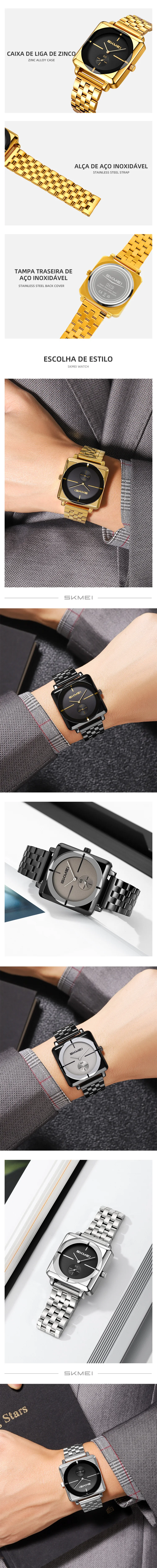 Skmei 2413 Square Steel Band Stylish Standalone Seconds Quartz Watch For Men