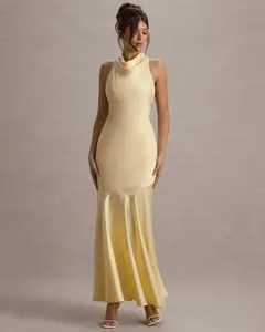 Elegant Halter Maxi Dress for Women Summer Swing Collar Backless Sexy Bodycon Club Party Long Fishtail Dress