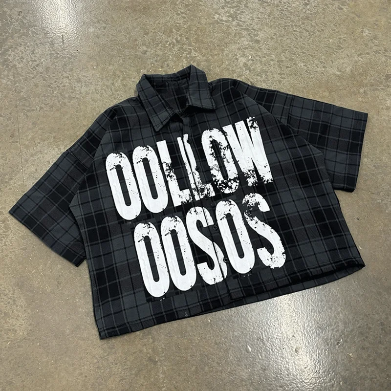 Salati Custom Designer Print Logo Cropped Vintage Shorts Sleeve Button Down up T-shirts Check Tshirts Plaid Flannel Shirts Men gallery 8