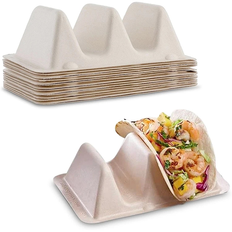 Sugarcane Taco Box to Go Disposable Custom Take Out Food Box Clamshell Container Bagasse Taco Holder for 3 Tacos