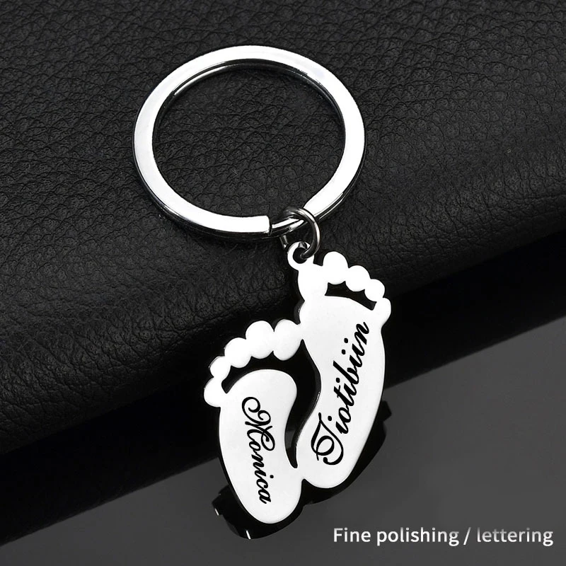 Smooth Surface Stainless Steel Custom Name Keychain Cute Footprint Baby Keychain Jewelry