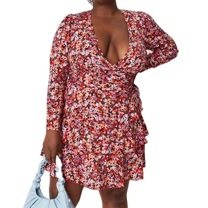 Custom High Quality Spring Summer Ladies Dress Ruffle Wrap Long Sleeve Women Plus Size Floral Print Dress