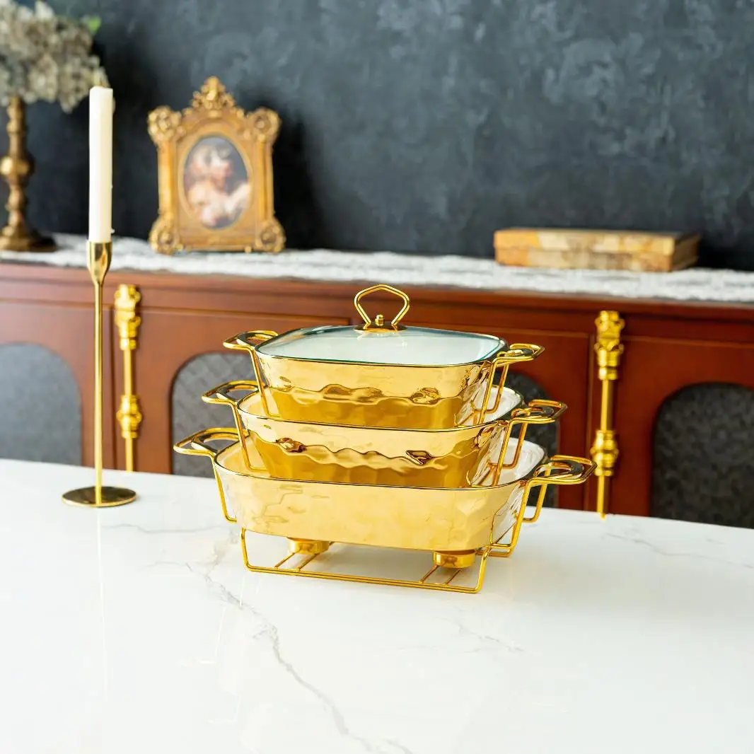 Gold Stone Pattern Rectangular Ceramic Casserole Heating Dry Soup