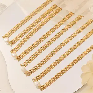 18K Gold Plated Stainless Steel Cuban Link Chain Natural Pearl Zircon Charm Necklace Elegant French INS Style for Women Gift