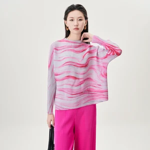 Wholesale Smocked Clothing Women's Fashion Tops Loose Casual Printed Long-sleeved T-shirt Miyake Pleated Shirt