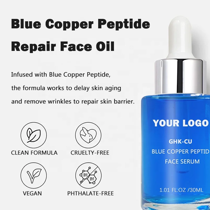 OEM 30ml Organic Blue Ghk-Cu Copper Peptide Serum Anti-Aging Whitening Pore  Shrinking Hyaluronic Acid Herbal Face Care for Home