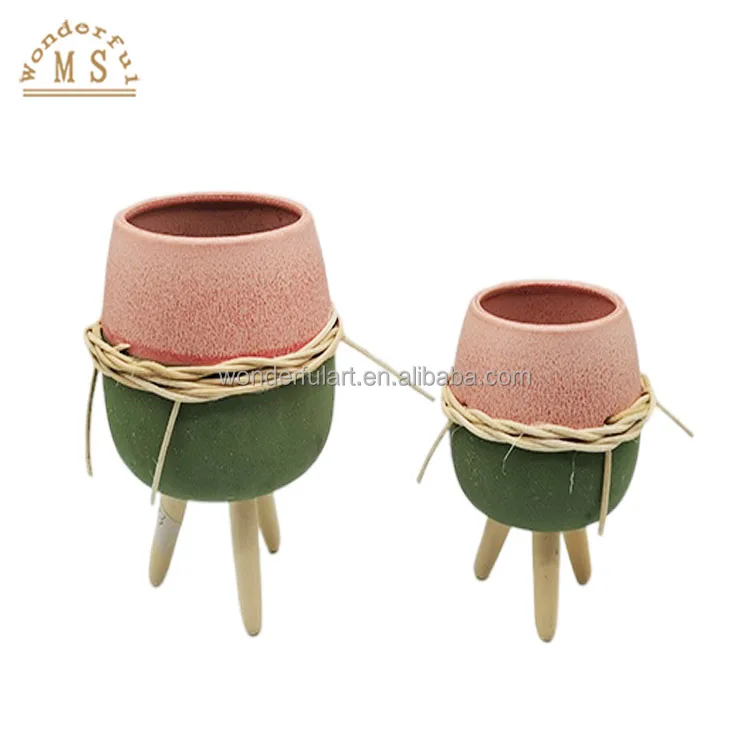 New Hot Sell custom ceramic small planter pot Reactive effect Glazing Mini succulent flower plant pots with wood stand