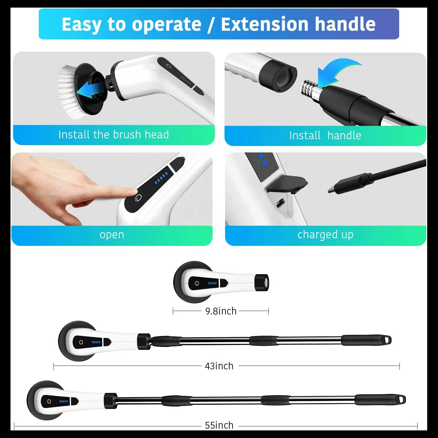 9 in 1 Adjustable Detachable Electric Spin Scrubber Long Handle Cordless Cleaning Brush Electric for Car Toilet Kitchen House
