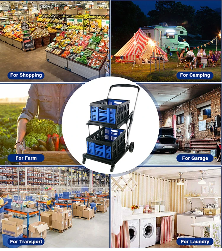 Double Decker Foldable Cart Portable Market Folding Trolley Collapsible Shopping Cart With Storage Crate