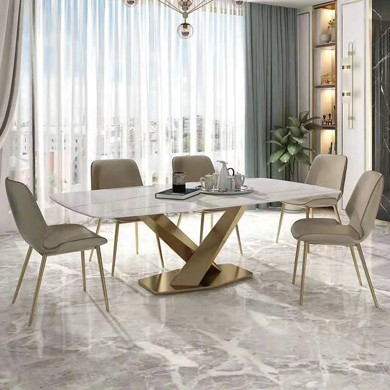 Luxury Dining Table Rectangular Shape Sintered Stone Marble Top Gold Stain Steel Stand Unique Design Restaurant Table