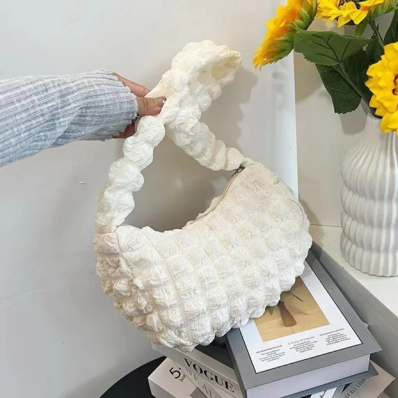 Trendy Women's Solid Color Cross-Border Handbag Trendy Cloud Bag Fashion Versatile Shoulder Pleated Bubble Polyester for Autumn