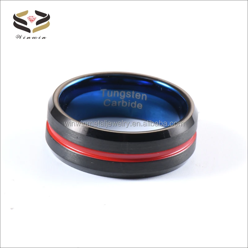 Red Strip Brushed Blue Tungsten Ring for Wedding and Engagement with Channel Setting