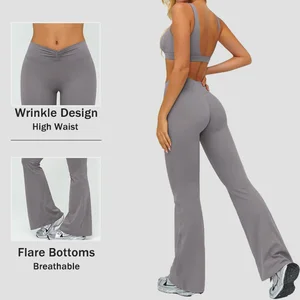 Light Gray Wrinkle High Waist Sport Yoga Flare Bottoms Leggings Deep v High Support Breathable Pilates Gym Fitness Bra Set