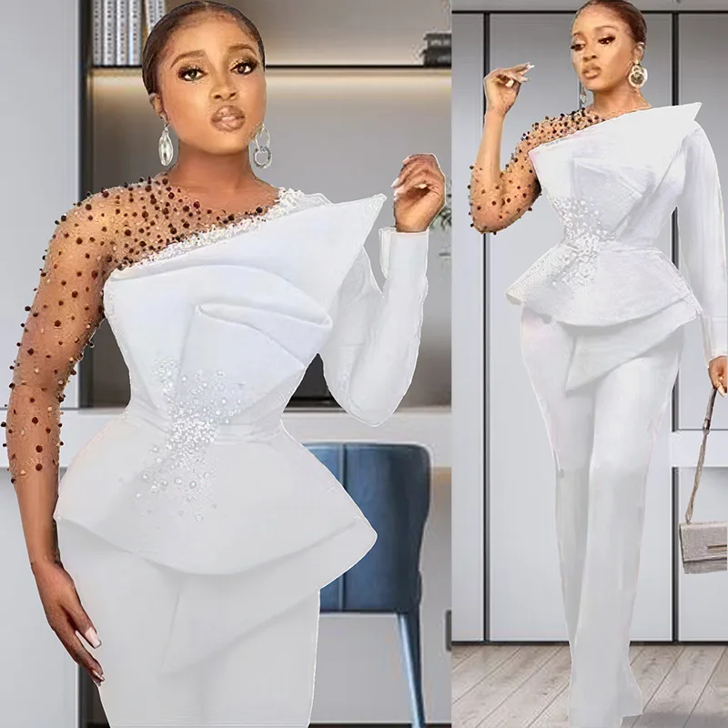 Fashion Elegant Plus Size Solid Color Mesh Stitching Bead Outfits for Women Wide Leg Pants Formal Suit Two Piece Women