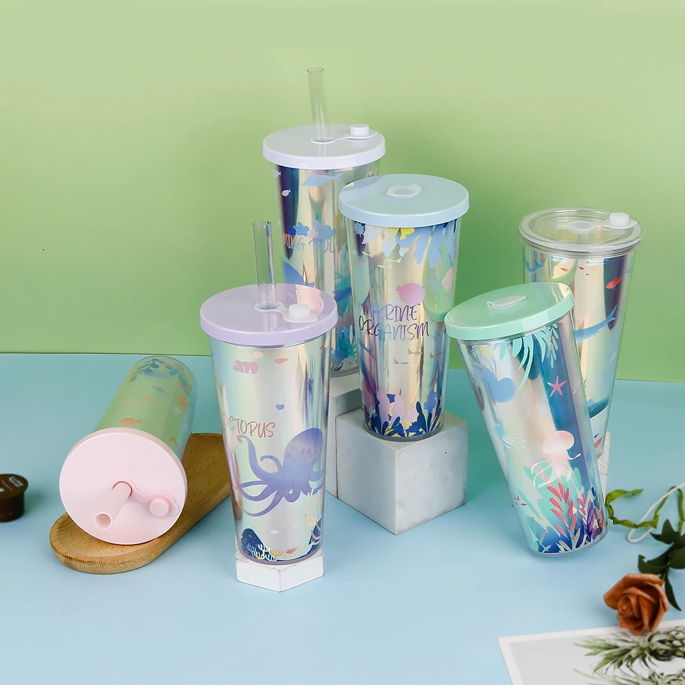 24oz Customized Reusable Tumbler Cup Logo Double Wall Insulated Plastic Coffee Tumbler With Straw and Lid