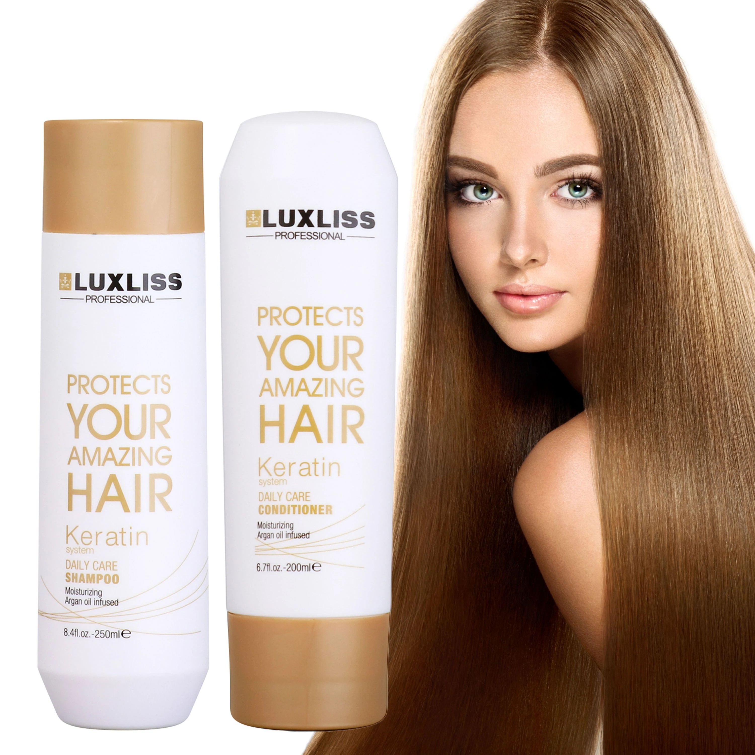 LUXLISS Private Label Moroccan Oil Argan Clarifying Keratin Daily Shampoo and Conditioner Smooth Damaged Hair Salon Products