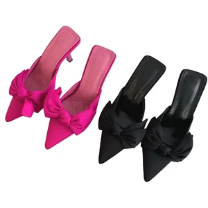 BABALA Ultra-Comfortable Ladies Bow Party Wear High Heels Slippers Pointed Toe Party Shallow Mouth  Lace Spike Heels