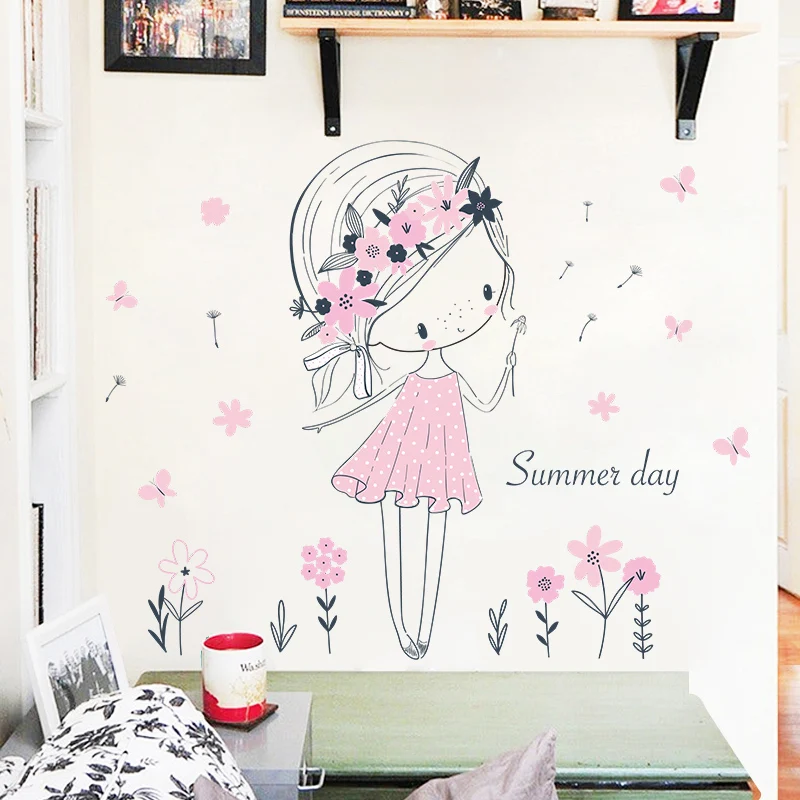 Wholesale Cute Little Girl Cartoon Wall Sticker Pink Flowers ...