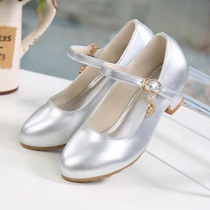 2026 Spring Autumn New Glitter Girls High Heel Princess Dress Shoes Korean Style White Performance Leather Mary Jane Pumps