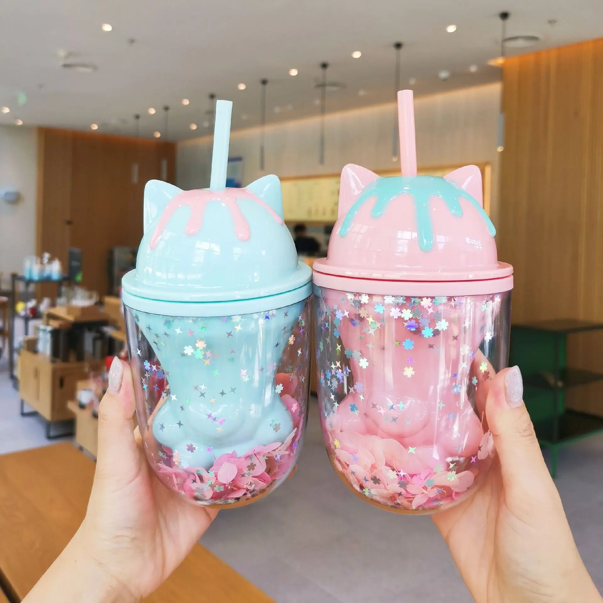 Seaygift кружка с двойными стенками в виде кошачьей лапы Сакура с блестками пластиковая дорожная кружка с блестками пластиковые соломенные кофейные стаканы чашки