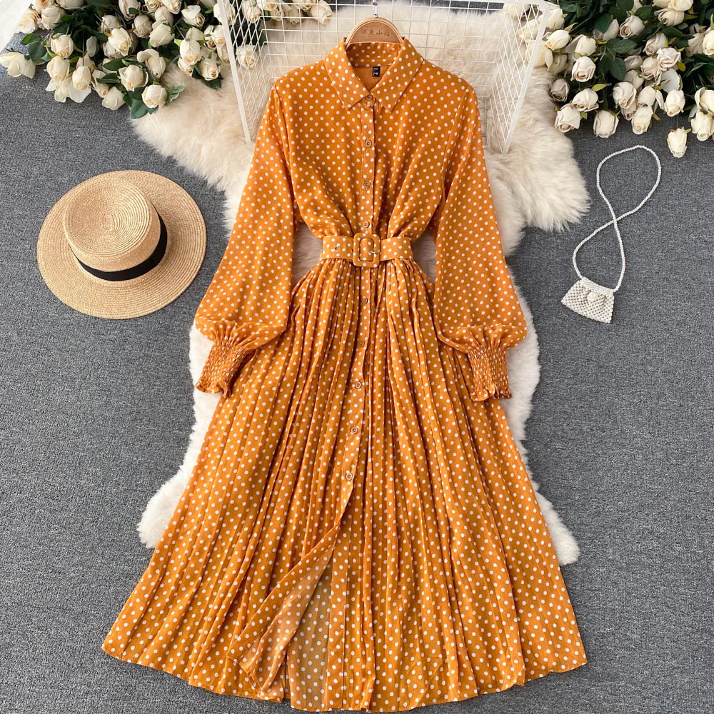 ！トラさん！Pleats collar Chiffon Dress Shop Our 2023 Women's Long Sleeve French Turn down Collar Dress
