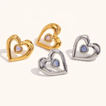 Dingran Earring New Fashion 18K Gold Plated Hollow Natural Stone Heart Stud Earrings Stainless Steel Jewelry For Women
