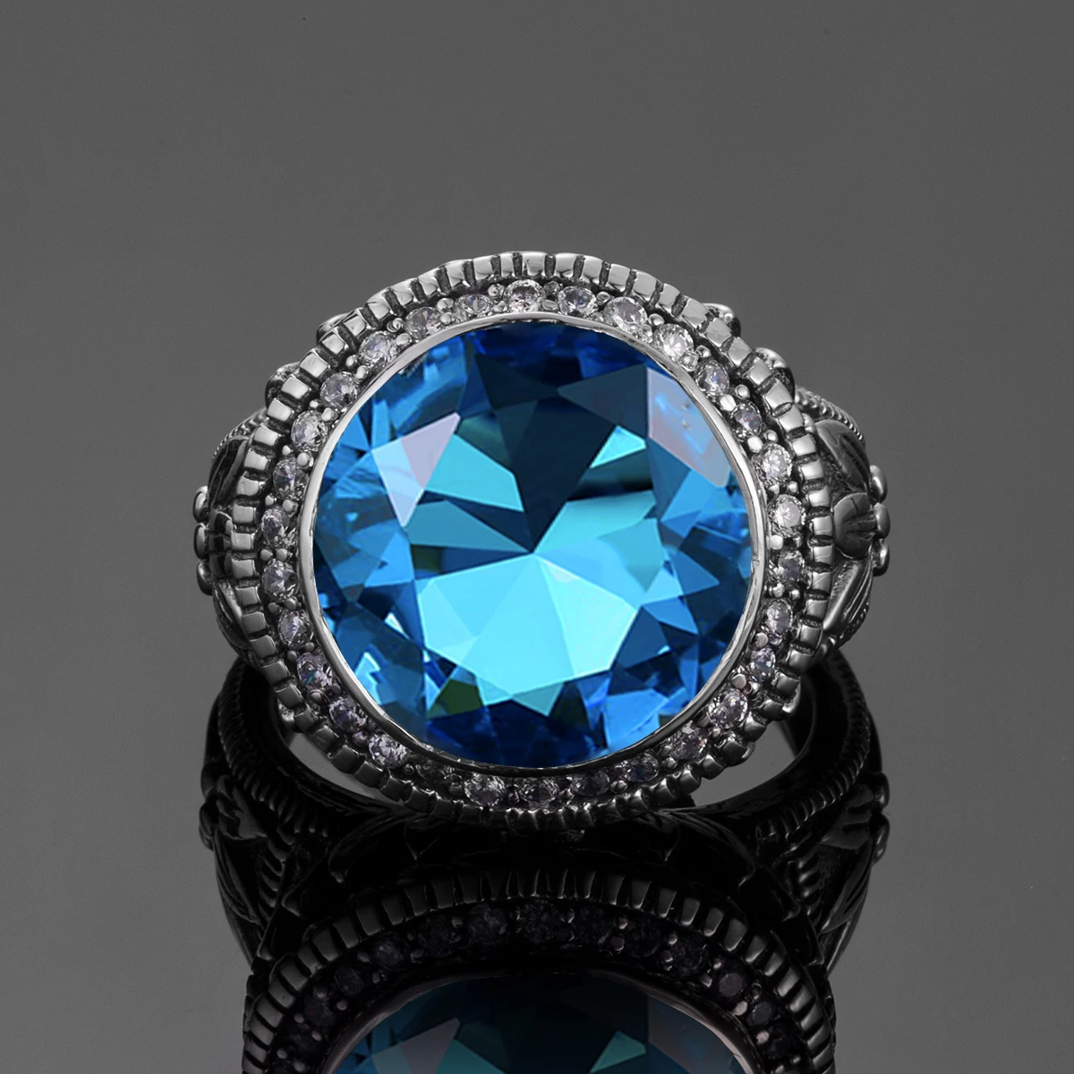 Vintage Turkish Large Blue Topaz Gemstone Exquisite Filigree Ring Wholesale Customization  Silver Rings Men Women