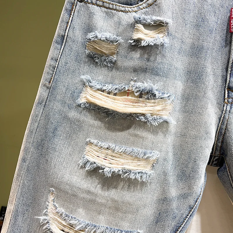 Vintage-stijl, hoogwaardige versleten en gescheurde nylon/katoenen korte broek voor heren, trendy slim-fit, elastisch, rechte pasvorm, zomerse casual stijl, middellange lengte