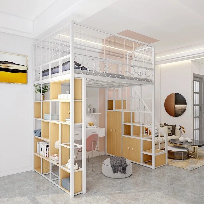 Nordic Modern Loft Bed with Desk Simple Metal Duplex Elevated Loft Bed Iron Art Multifunctional Space-Saving Bed for Living Room