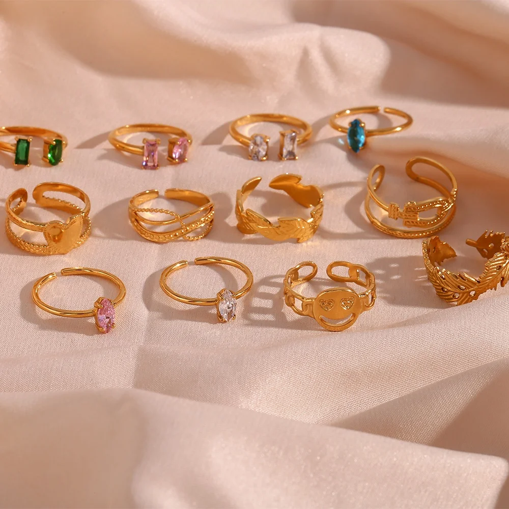 Elegant Zircon Adjustable Rings Set 18k Gold Plated Stainless Steel