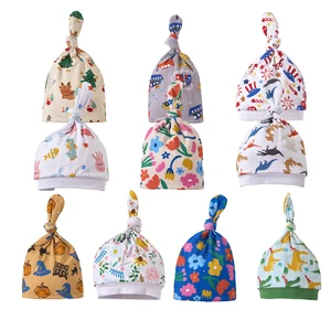 Customized New Born Baby Products Unisex Bamboo Beanie Casual Printed New Born Accessories Knot Beanies Sleep Baby Hat Baby Caps