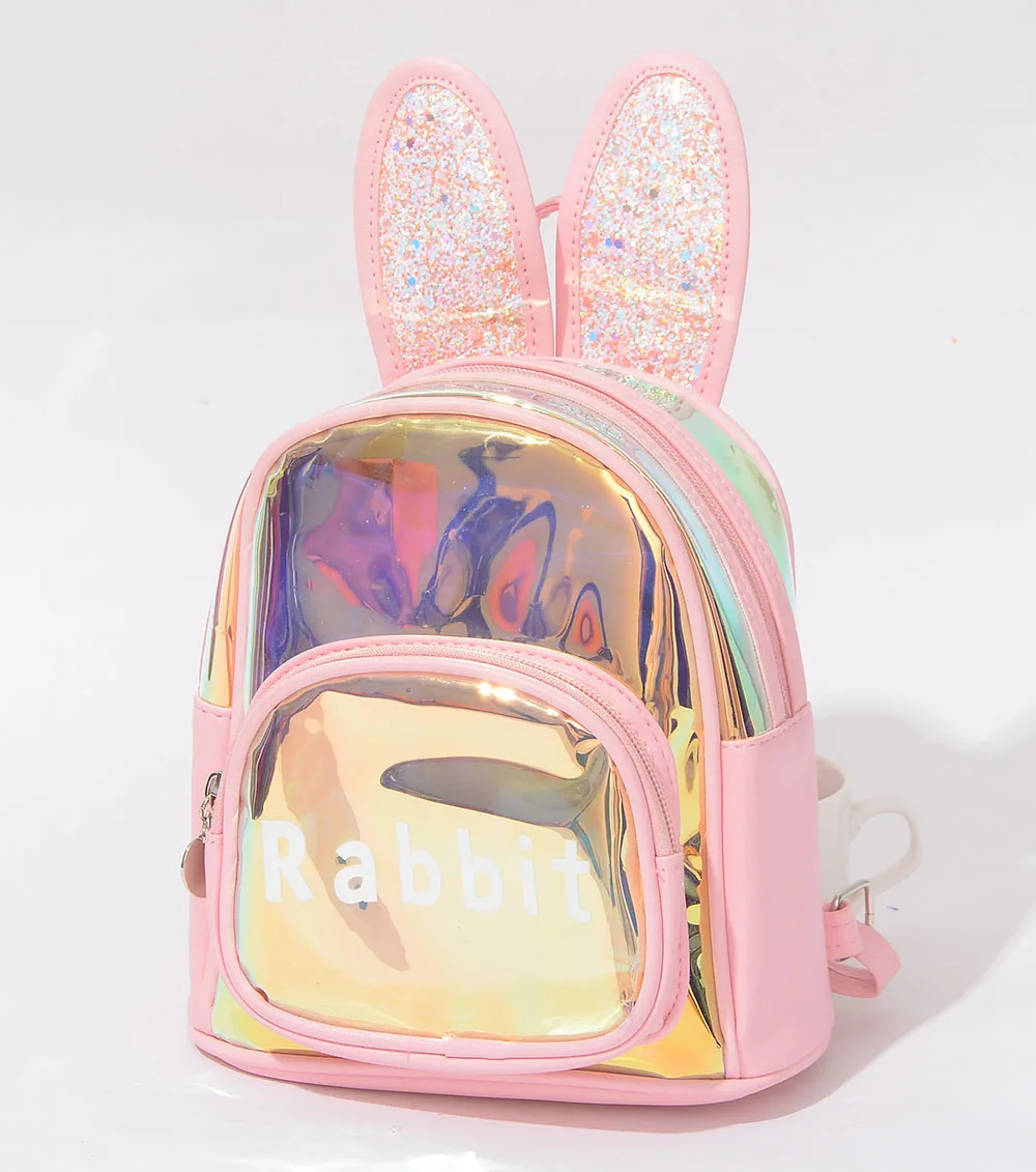 Голографический Кролик для маленьких девочек 3-12 лет, милый рюкзак из искусственной кожи для дошкольного и детского сада, прозрачный, розовый