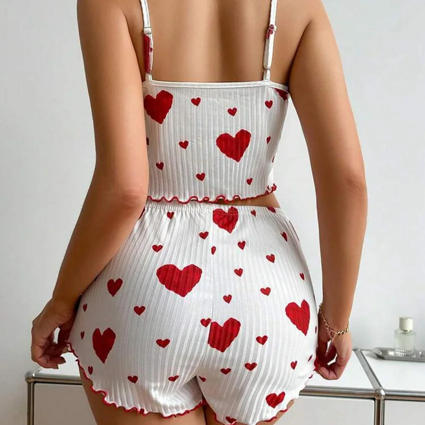 2024 European and American Women's Knitted Pit Stripe Print Sweet Camisole Shorts Pajamas