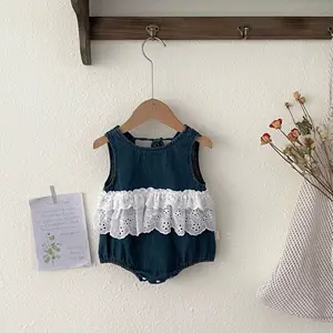 Summer Casual Style Infant Toddler Girl Outfit Sweet Sleeveless Patchwork Denim Lace Solid Baby Rompers