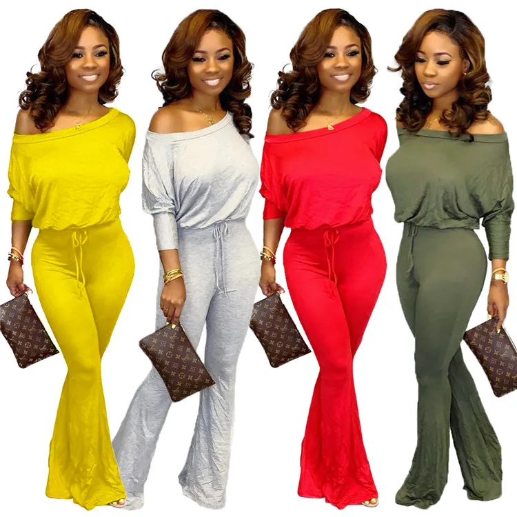 Womens Jumpsuits One Off Shoulder Long Sleeve Romper Casual High Waist Wide Leg Long Jumpsuit Outfits