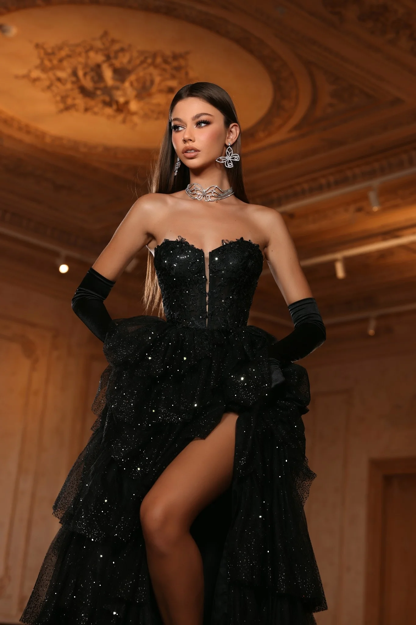 2024 Latest Design Black Lace Evening Dress Long With Split Side Party Gowns