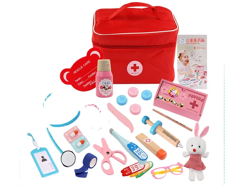 Набор докторских игрушек для детей деревянный комплект ролевых игр девочек и мальчиков красный медицинский стоматологический бокс лекарств тканевые сумки