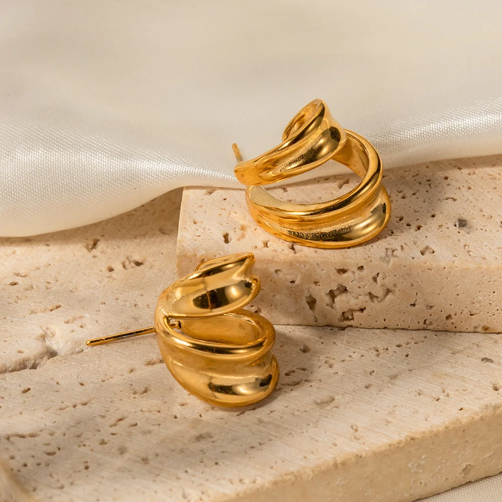 New Arrival Two Layer Unique Design Hoop Earring 18K Gold Plated Stainless Steel Waterproof Tarnish Free C Earrings