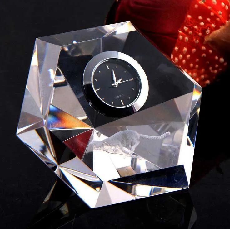 High Quality 3D Laser Engraving Hexagonal Crystal Diamond Clock for Business Gifts