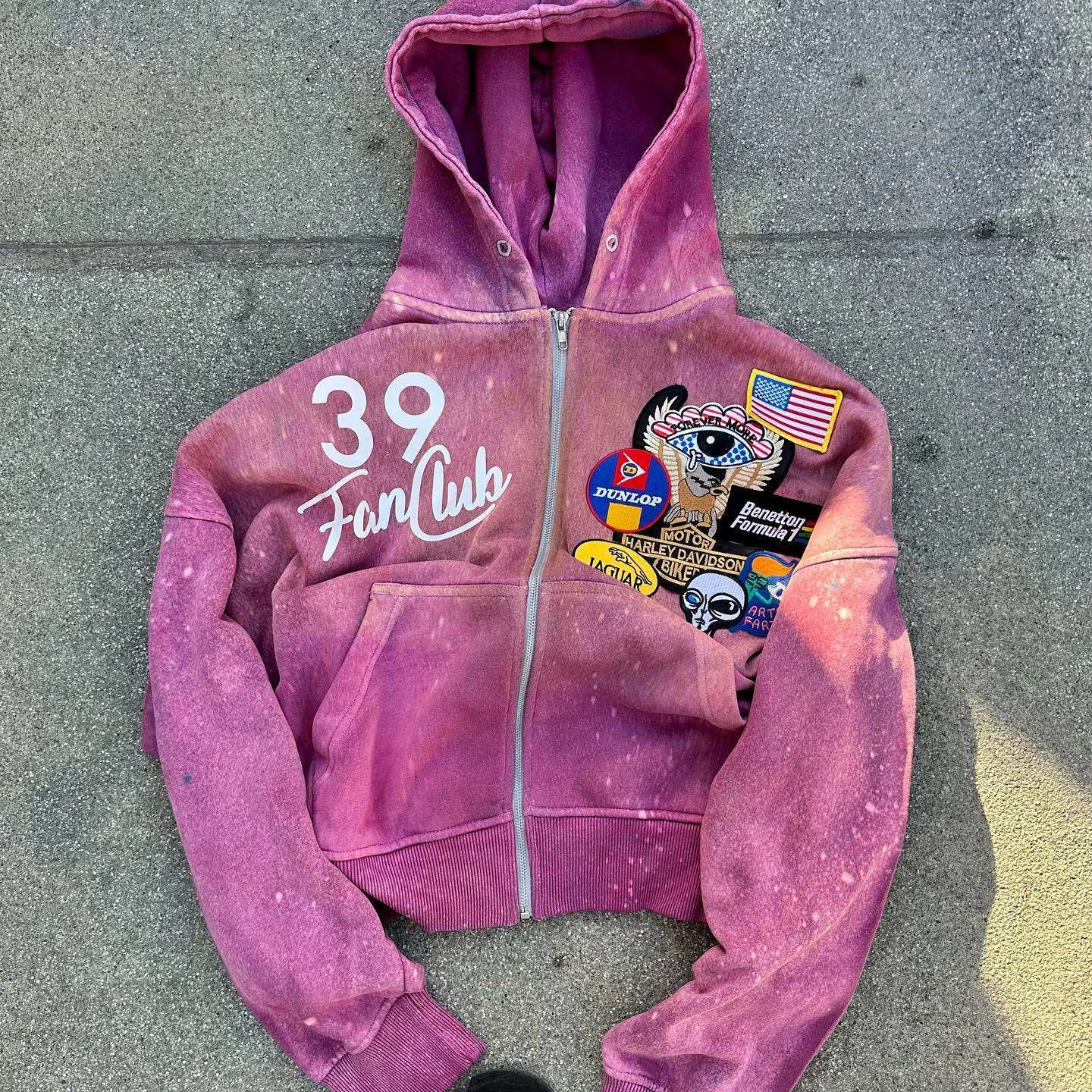 Custom Embroidery Men Heavyweight Sun Faded Zip-Up Hoodie with Embroidered Chenille Patch Applique Boxy Design for Winter Season gallery 4