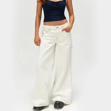 14oz Cotton Oversized Denim Trousers Contrast Stitching Wide Leg Women's Denim Jeans Cream White Carpenter Baggy Jeans