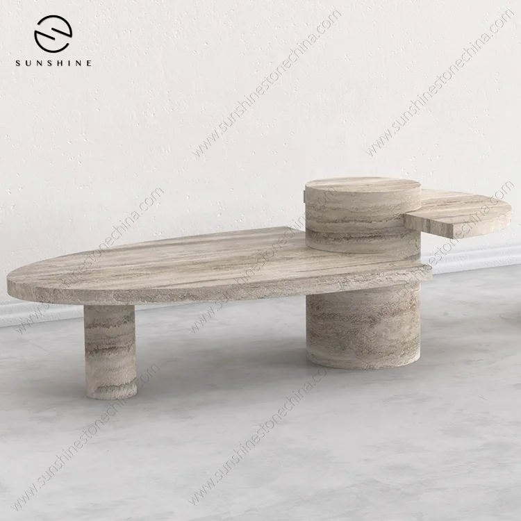 Coffee Table Set Luxury Modern, Contemporary Abstract Style 3 Pieces Fancy Silver Grey Travertine TV Stand Coffee Table